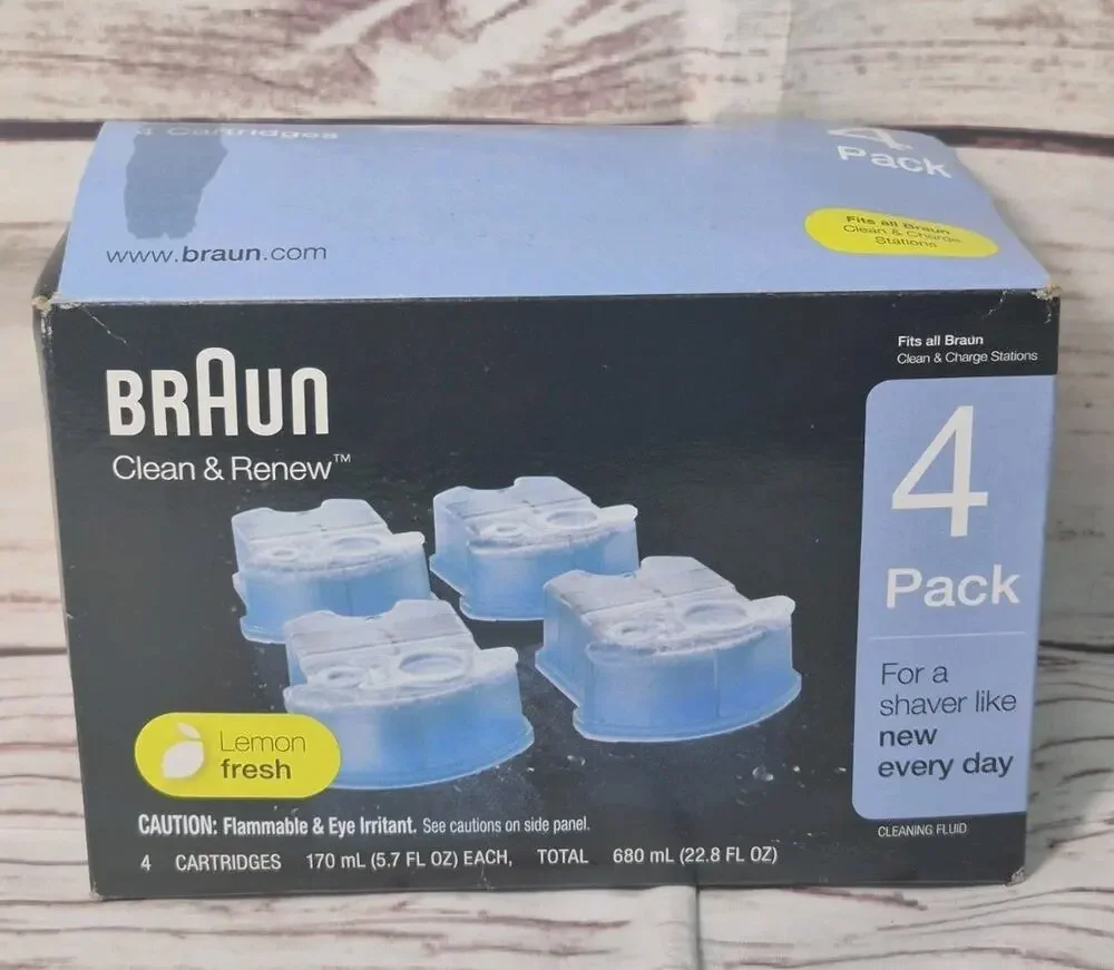 Genuine Braun Shaving Station Clean & Renew Refill Cartridges 4 Pack Lemon-Fresh